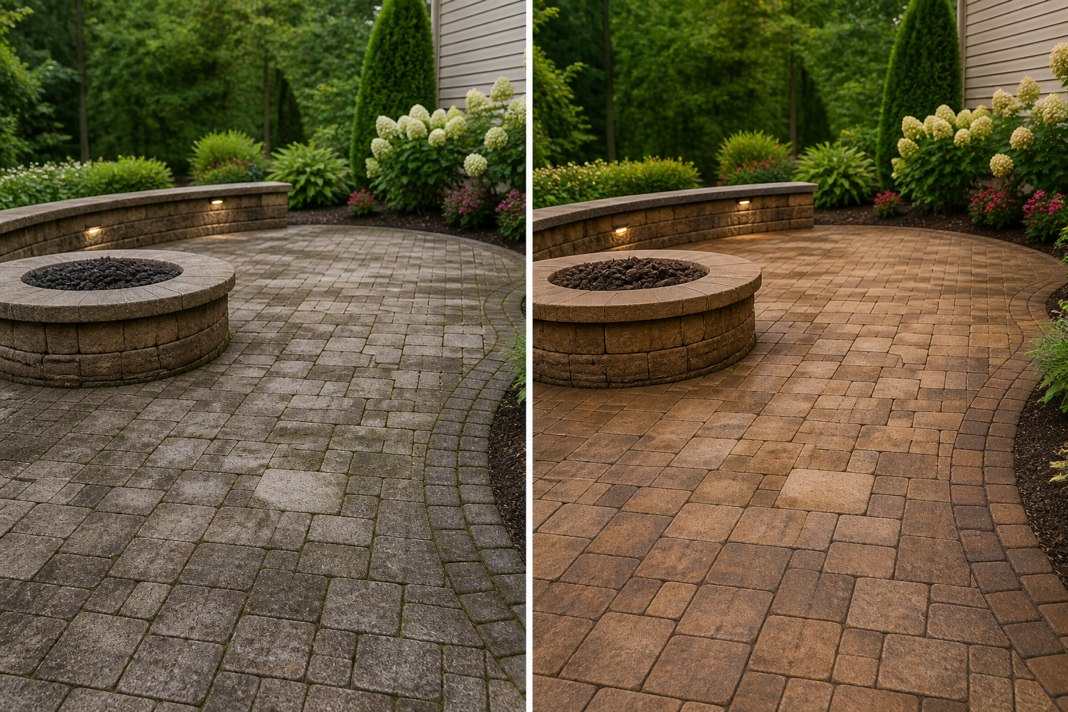 Illustrative side-by-side paver refresh concept for a fictional Golden Hour website demo.